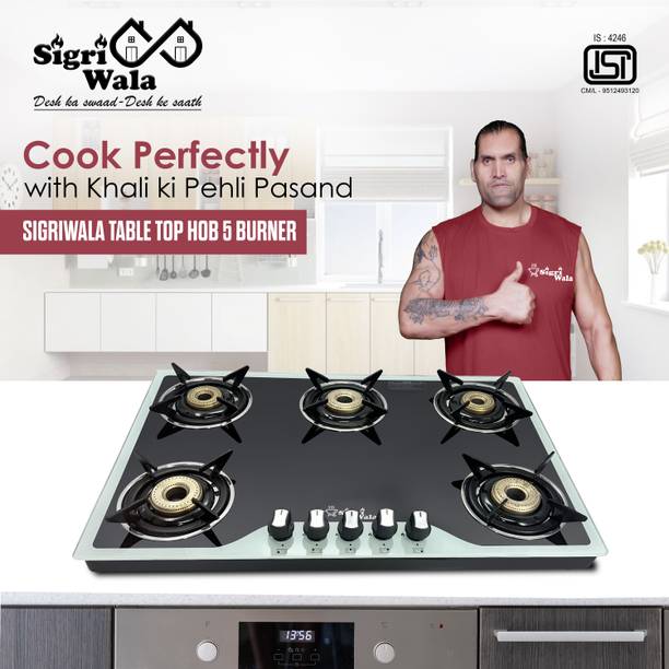 Sigri-wala Primecook 5 Burner Hobtop Black & White Glass Manual Hob