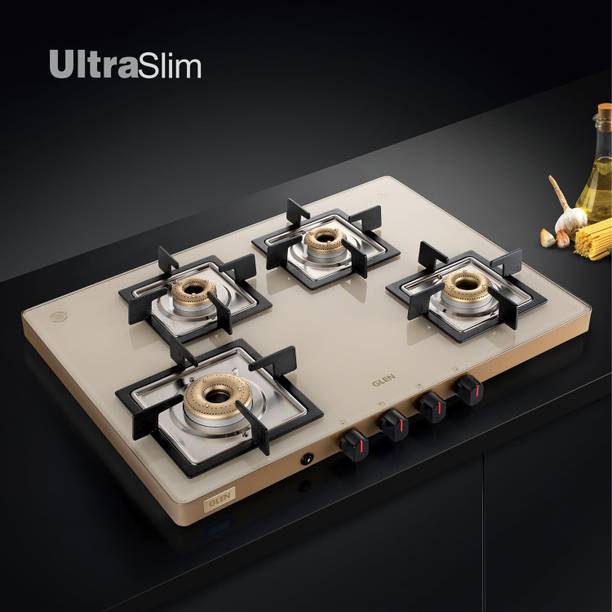 Glen Ultra Slim Apricot Glass Gas Stove 1 High Flame 3 Forged Brass Burner,CT1047US Glass Automatic Gas Stove