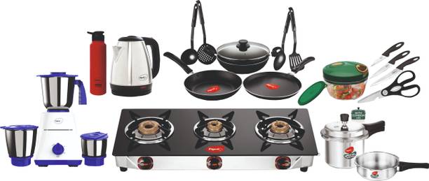 Pigeon Family Kitchen with Mixer, Cookware,Kettle, Water bottle, Cooker Set, Glass Manual Gas Stove