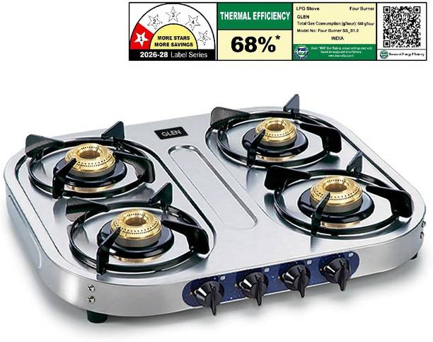 Glen LPG Stainless Steel Gas Stoves 4 Burner | Brass Burners | 360° Nozzle Stainless Steel Manual Gas Stove