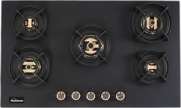 Sunflame 5 Burner Auto-Ignition Flexi Hob, Flame Failure Device, 87cm Wide, Brass Burners Glass Automatic Hob