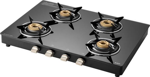 Kaff CTC694B 4 Burner Gas Cooktop, 69 cm, Manual Ignition, Brass Burners, Black Glass Stainless Steel Manual Gas Stove