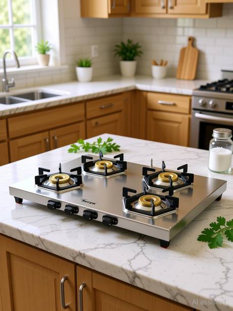 Golden Surya ISI Certified, Gas Stove 4 Burner , Heavy Stainless Steel Body, PNG USE, Stainless Steel Manual Gas Stove
