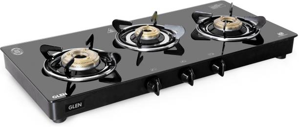 Glen 3 Burner PNG Gas Stove with High Flame Brass Burner Extra Large Black Glass Manual Gas Stove