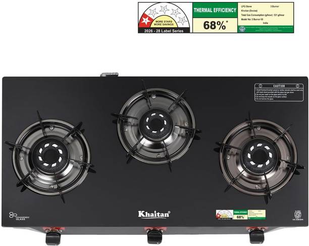 Khaitan 3 Burner Selios Active Black Toughened Glass Manual Gas Stove