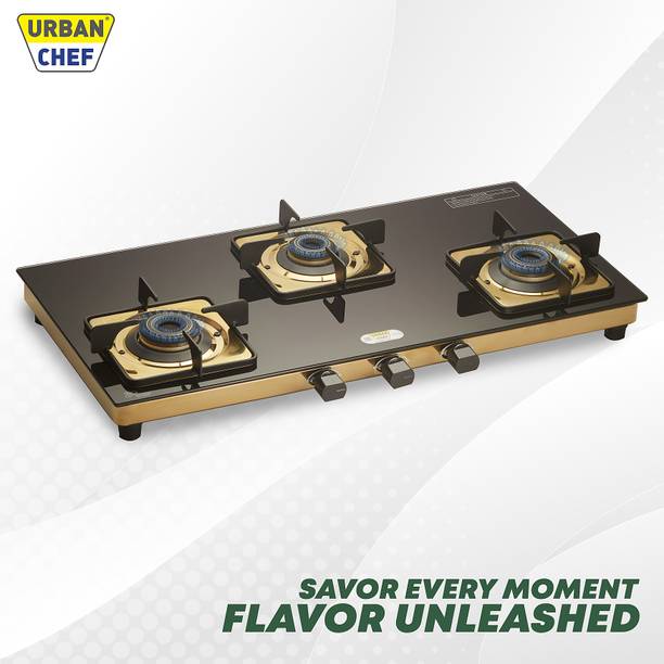 Urban Chef Gas Stove 3 Burner | Gas Chulha for Kitchen | 100% Brass Burner | PVD Gold | Glass Manual Gas Stove