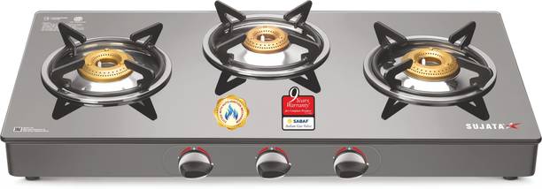 SUJATA Gas Stove 3Burner | Gas Chulha for Kitchen | ISI Certified | Standard Gas Stove| Glass Automatic Gas Stove
