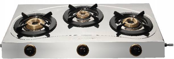 Suryaflame 3B Stainless Steel 3 Brass Burner steel Gas Stove(Manual,silver) Stainless Steel Manual Gas Stove