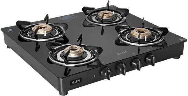 Glen PNG Gas Stove 4 Burner with Brass Burner 360 Revolving Nozzle Glass Automatic Gas Stove