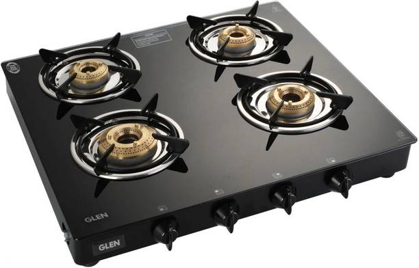 Glen 4 Burner Glass Gas Stove 1 High Flame 3 Brass Burners(1040GTXLHFBBBL) Glass Manual Gas Stove