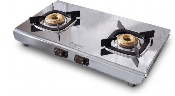 Preethi Glamsteel 2 Burner Gas Stove Stainless Steel Thick and Rust Free Body Stainless Steel Manual Gas Stove