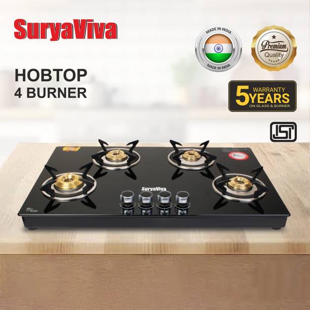 SURYAVIVA Hobtop 4B BK Toughened Glass 4 Brass Burner Gas Stove(Manual Igniton,Black) Glass Manual Hob