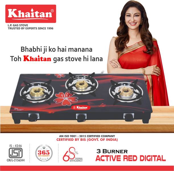 Khaitan 3 Burner Active Red Digital with Brass Burner Digital Toughened Glass LPG Glass Manual Gas Stove