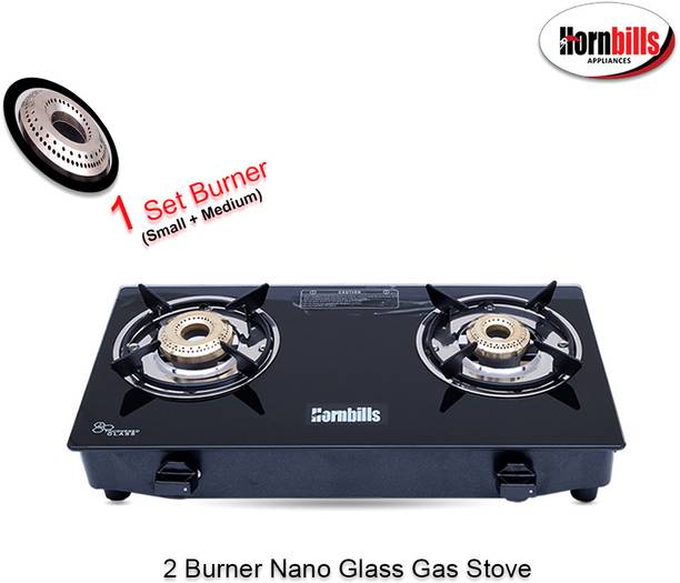 Hornbills ISI Certified LPG Premium Toughened Glass, Pan Support, Nano With Extra Burner Stainless Steel Manual Gas Stove