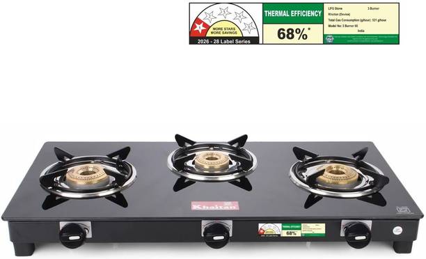 Khaitan 3 Burner ACTIVE Black Toughened Glass Manual Gas Stove