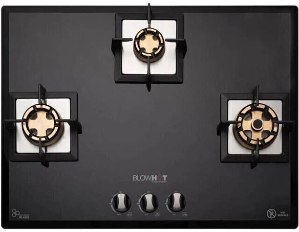 BLOWHOT Pluton 3 Heavy Brass Burner, Battery Operated Built – In, Toughened Glass Top Aluminium Automatic Hob