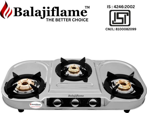 Balajiflame 3 BURNER STAINLESS STEEL WITH JUMBO BRASS BURNER AND HEAVY KNOB Stainless Steel Manual Gas Stove