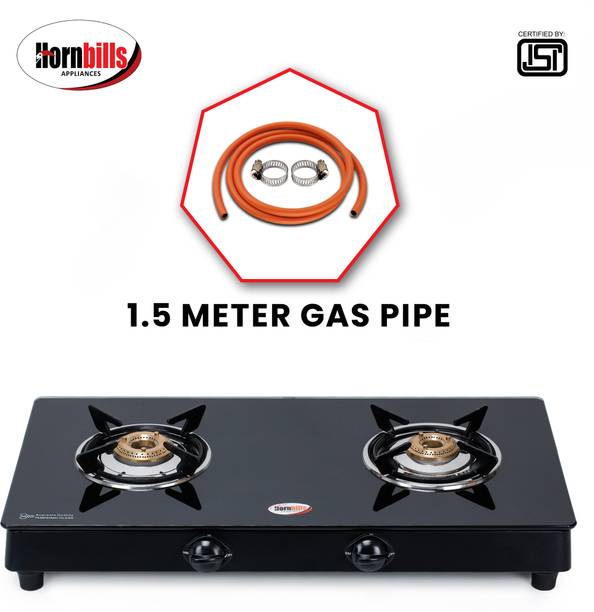 Hornbills ISI Certified LPG Black Mirror Finish Pan Support and 7MM Toughened 1.5 Gas Pipe Glass Manual Gas Stove