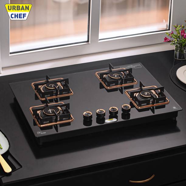Urban Chef Gas Stove 4 Burner | Gas Chulha for Kitchen | Stainless Steel | ISI Certified | Stainless Steel, Glass Automatic Hob
