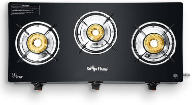 Suryaflame 3Brass Burner Toughened Glass Splendor cooktop Glass Manual Gas Stove