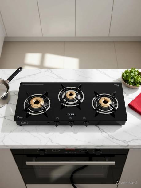 Glen 1033 GT BB Black Toughened Glass Fuel Efficient Brass Burners 2 years warranty Glass Automatic Gas Stove