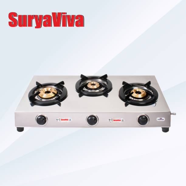 SURYAVIVA Super 3B Stainless Steel 3 Cast Iron Burner steel Gas Stove(Manual,silver) Stainless Steel Manual Gas Stove