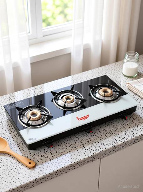 Fogger Cooktop Black Finesh Glass and Red Frame Iron Manual Gas Stove