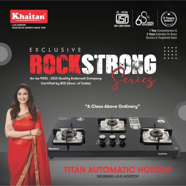 Khaitan RockStrong TITAN 3 Burner Premium HobTop, Xpress Brass Burner Glass Automatic Hob