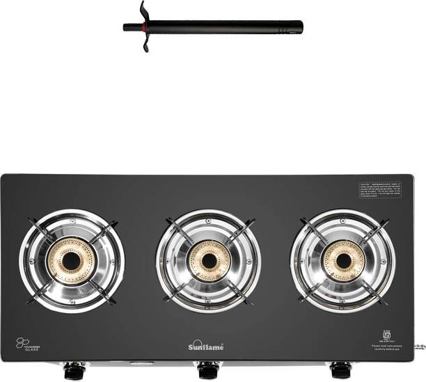 Sunflame Maleo 3 Burner Gas Stove with Lighter Glass Manual Gas Stove