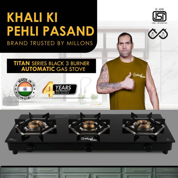 Sigri-wala Titan Series HexFire Black Auto 3 Burner Gas Stove Glass Automatic Gas Stove
