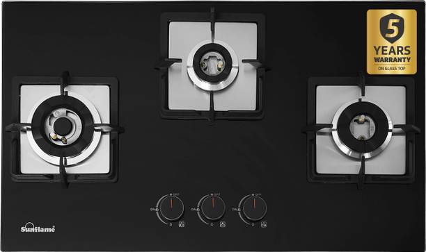 Sunflame 3 Burner Auto-Ignition Flexi Hob with FFD, 76 cm Wide, Brass Burners Glass Automatic Hob