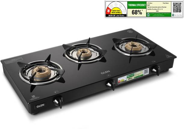 Glen LPG Rapid GT BLK ISI Gas stoves 3 Burner Glass Manual Gas Stove