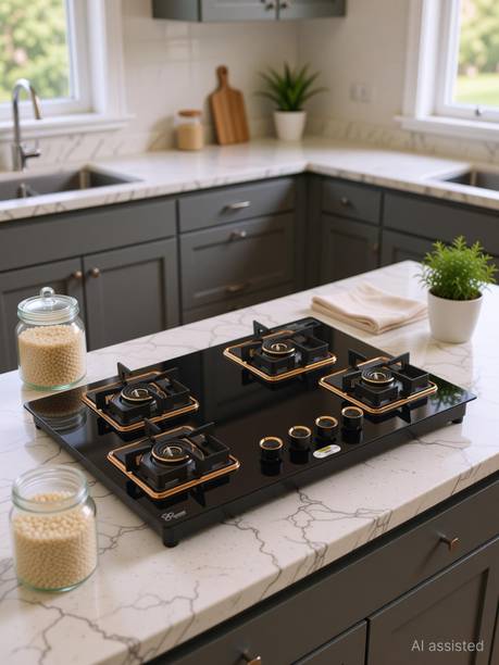 Urban Chef Hob Top Gas Stove 4 Burners Glass Top | ISI Certified Gas Chulha LPG-PNG Cooktop Stainless Steel, Glass Automatic Hob