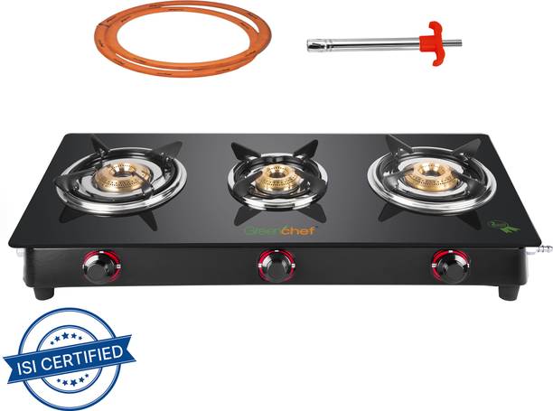 Greenchef Ebony Pro 3BR ( Hose Pipe + Lighter ) Glass Manual Gas Stove