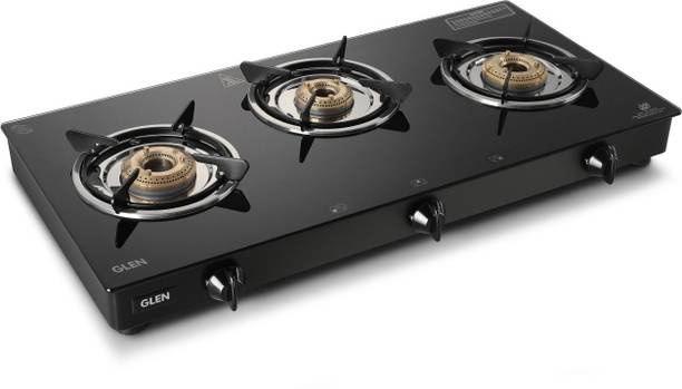 Glen PNG Gas Stove 3 Burner | Brass Burners | 360° Revolving Nozzle | 2 Year Warranty Glass Manual Gas Stove
