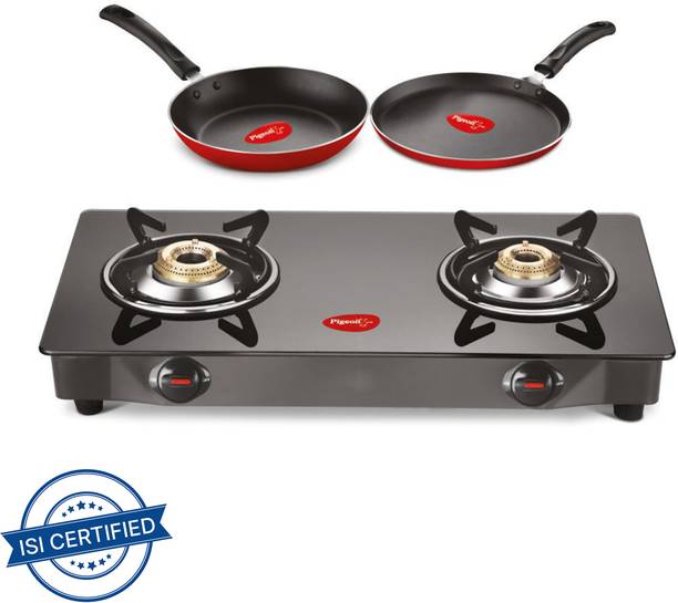 Pigeon Combo - Brunet Cooktop + Flat tawa 250 + Fry Pan 240 Glass Manual Gas Stove