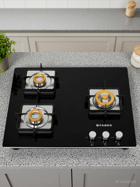 HTG 653 CRS BR CI |Brass Burners| Square CI Finish Pan support | ग्लास ऑटोमैटिक गैस चूल्हा