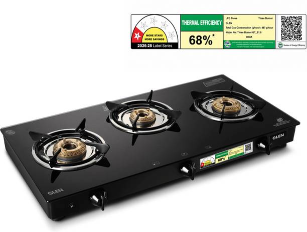 Glen Rapid LPG Gas Stove 3 Burner 2 years warranty ISI Certified Glass Automatic Gas Stove