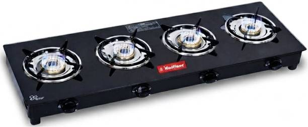 Hindflame 4 Burner Straight Line Black Glass Manual Gas Stove