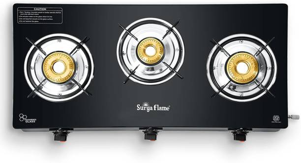 सूर्यफ्लामे Splendor LPG 3 Burner Gas Stove with Brass Burner & Toughened Glass Top मैनुअल गैस चूल्हा