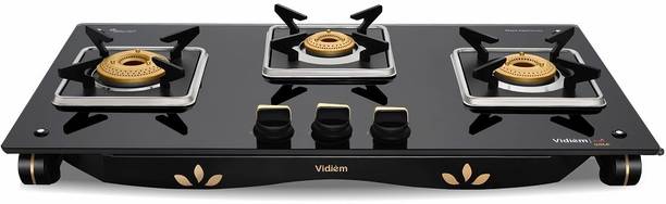 Vidiem VIDIEM AIR GOLD 3Burner Gas Stove Black with Gold Glass Manual Gas Stove