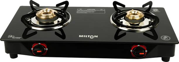 MILTON Nano 2 Burner MS Frame Glass Top Gas Stove with Brass Burners Glass Manual Gas Stove