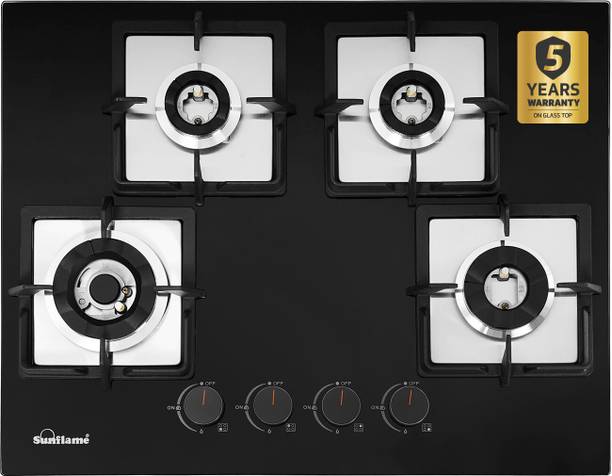 Sunflame 4 Burner Auto-Ignition Flexi Hob with FFD, 65 cm Wide, Brass Burners Glass Automatic Hob
