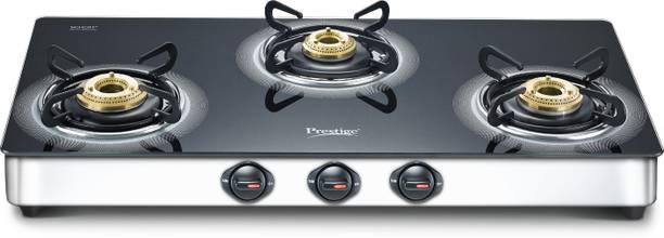 Prestige Royale Plus GT03L|Stainless Steel Body|Tri-Pin Brass Burners|Superior Toughened Glass Manual Gas Stove