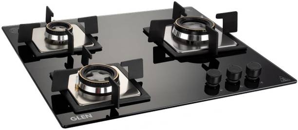 Glen HobTop ELITE 3 Brass Burners | Auto Ignition | 8 MM Thick Toughened Glass Hob Glass Automatic Hob