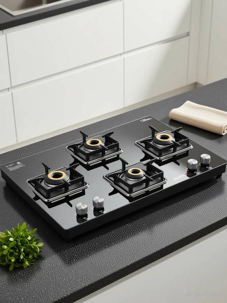 SUJATA Gas Stove 4 Burner | Gas Chulha for Kitchen | ISI Certified | Cross Burner | Glass Manual Gas Stove