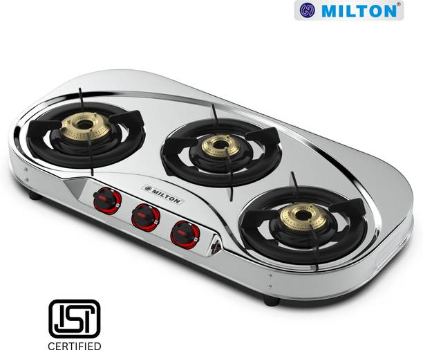 MILTON Royal 3 Burner Stainless Steel Gas Stove | Brass Burner | ISI Certified Stainless Steel Manual Gas Stove