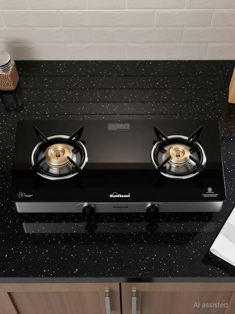 Sunflame Crystal 2 Burner SS Glass Manual Gas Stove