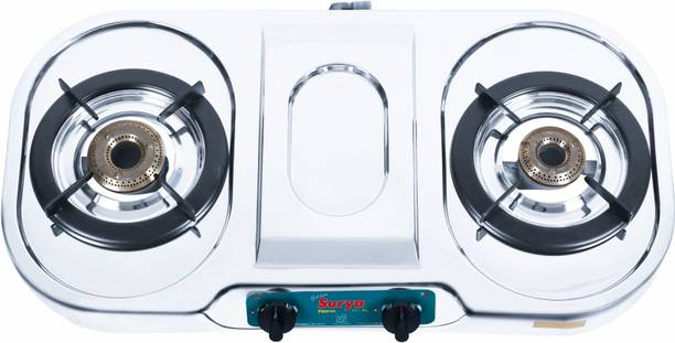 Golden Surya ISI Certified, 2 Burner Gas Stove | 1 Year Warranty | Brass Burners | LPG Use" Stainless Steel Manual Gas Stove