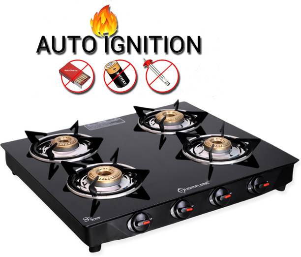 LIGHTFLAME Fire 4 Burner Fuel-efficient LPG Auto-Ignition ISI Certified With Strong Durable Glass Automatic Gas Stove